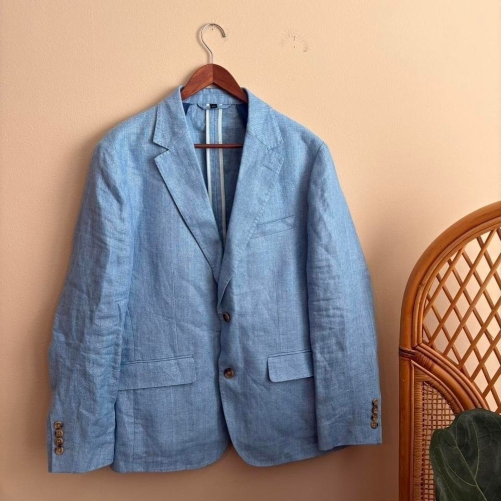 Modern Authentic Bonobos Slim Fit Leomaster 100% Linen Blue Blazer Jacket 40S